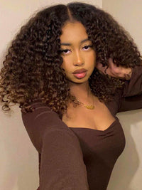 Ombre Black to Chestnut Brown Burmese Curly With Finger Coil Ends Wig Pull Go Invisi Drawstring Wig