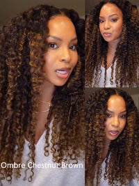 Ombre Black to Chestnut Brown Burmese Curly With Finger Coil Ends Wig Pull Go Invisi Drawstring Wig