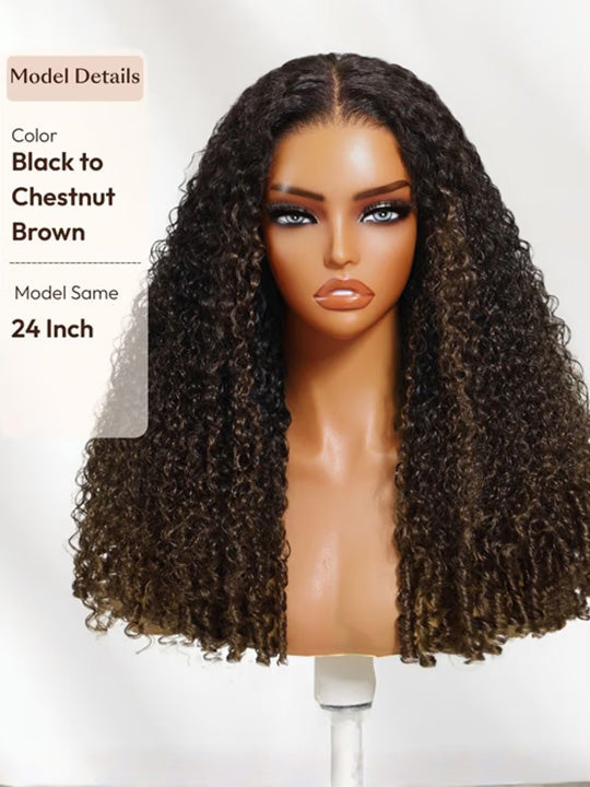 Ombre Black to Chestnut Brown Burmese Curly With Finger Coil Ends Wig Pull Go Invisi Drawstring Wig