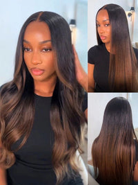 Ombre Black To Brown Light Yaki Straight Wig 4x4/6x4.5/13x4 Pre Max Pull Go Drawstring Wig