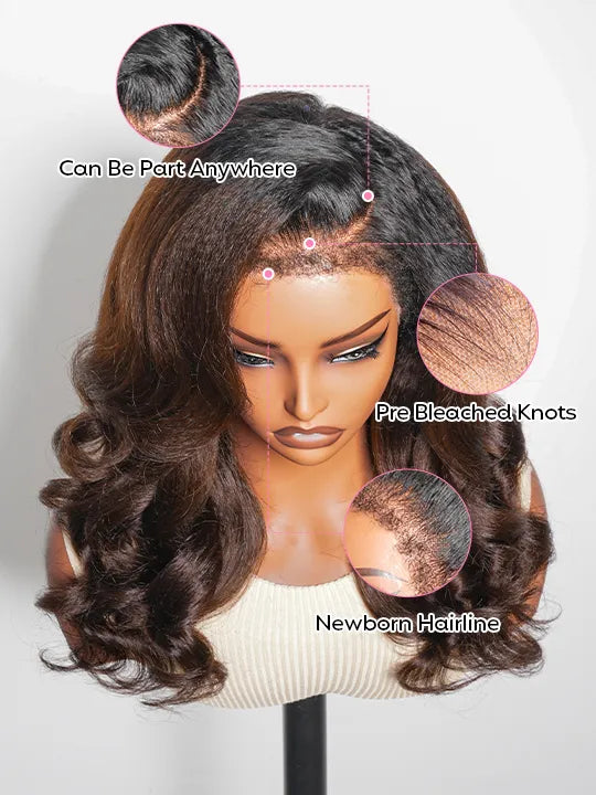 Kisslove Invisi-Drawstring 360 Lace Wig Ombre Brown Hair Yaki Body Wave Wigs with Newborn Hairline