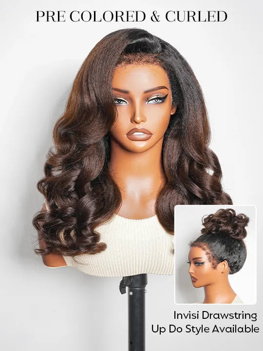 Kisslove Invisi-Drawstring 360 Lace Wig Ombre Brown Hair Yaki Body Wave Wigs with Newborn Hairline