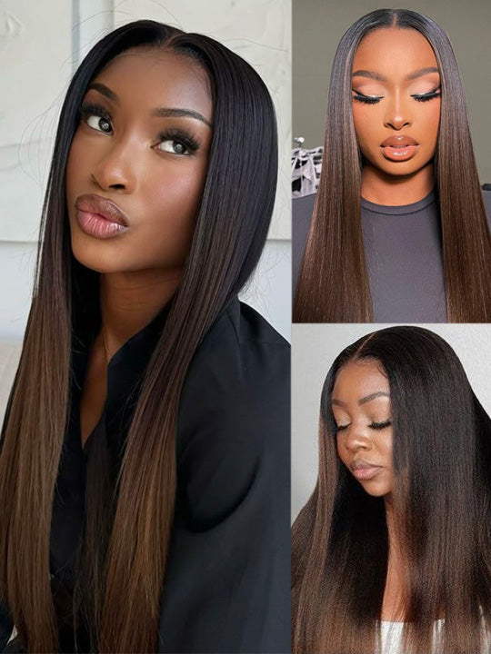Ombre Black To Brown Light Yaki Straight Wig 4x4/6x4.5/13x4 Pre Max Pull Go Drawstring Wig