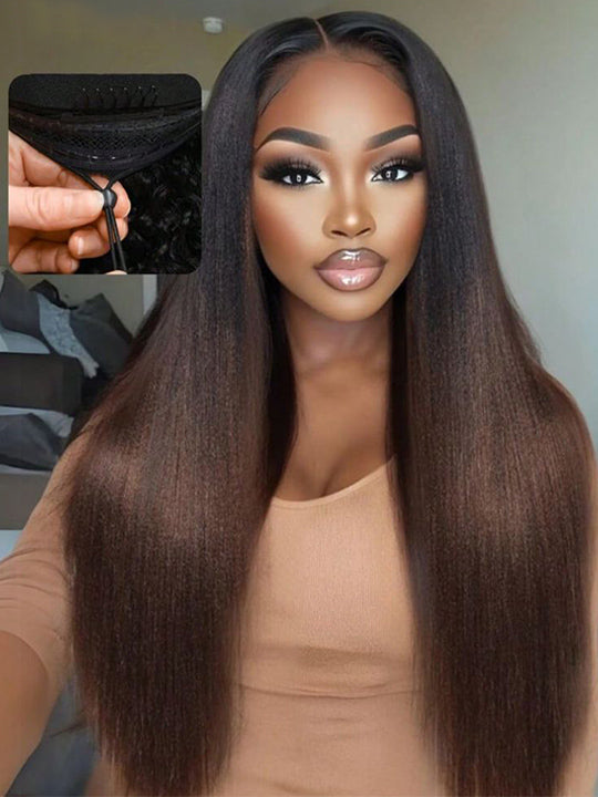Ombre Black To Brown Light Yaki Straight Wig 4x4/6x4.5/13x4 Pre Max Pull Go Drawstring Wig