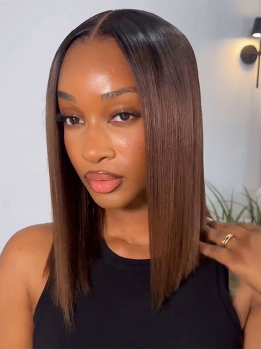 Ombre Mocha Brown Yaki Straight Bob Wig Pre Cut Pre Bleached Glueless Ready To Wear Wig