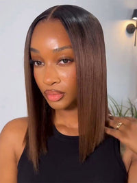 Ombre Mocha Brown Yaki Straight Bob Wig Pre Cut Pre Bleached Glueless Ready To Wear Wig