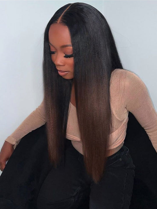 Ombre Black To Brown Light Yaki Straight Wig 4x4/6x4.5/13x4 Pre Max Pull Go Drawstring Wig