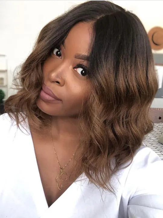 Ombre Mocha Brown Yaki Straight Bob Wig Pre Cut Pre Bleached Glueless Ready To Wear Wig