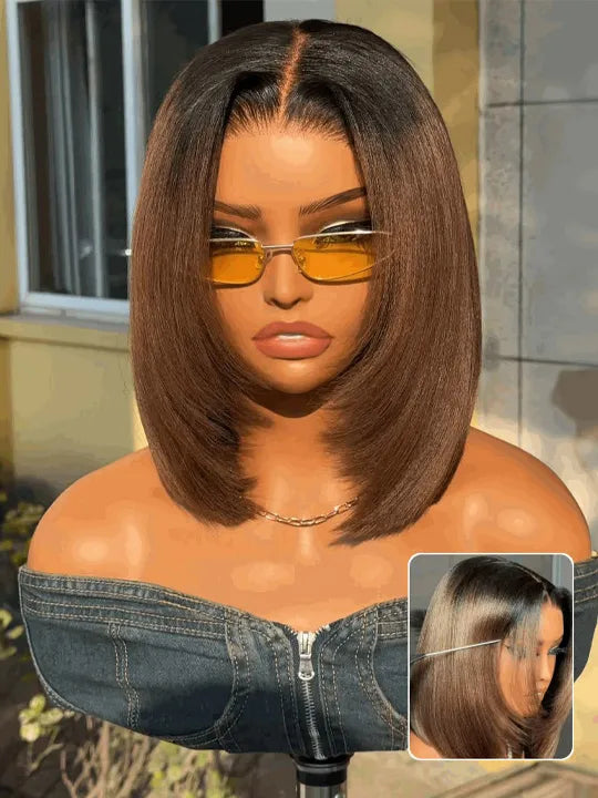 Ombre Mocha Brown Yaki Straight Bob Wig Pre Cut Pre Bleached Glueless Ready To Wear Wig