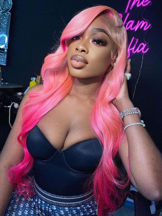 Ombre Purple/Pink/Blue Color 3D Body Wave 13x4 Lace Frontal Human Hair Wigs