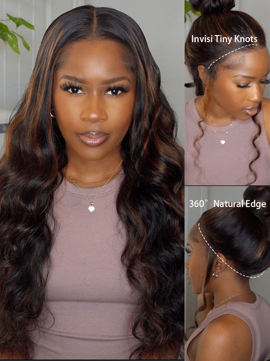 Kisslove Invisi-Drawstring Snug Fit 360 Lace Wig Glueless Black Hair With Brown Highlights
