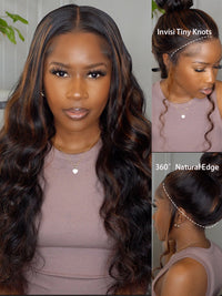 Kisslove Invisi-Drawstring Snug Fit 360 Lace Wig Glueless Black Hair With Brown Highlights