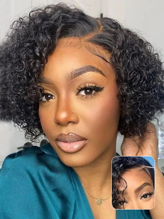 Pre Styled Pixie Curly Hair Glueless Side Part Lace Wig Bomb Hairstyle 100% Human Hair Wigs