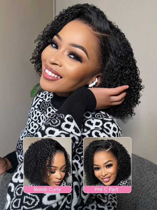 Pre Styled Pixie Curly Hair Glueless Side Part Lace Wig Bomb Hairstyle 100% Human Hair Wigs