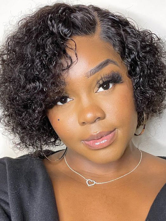 Pre Styled Pixie Curly Hair Glueless Side Part Lace Wig Bomb Hairstyle 100% Human Hair Wigs