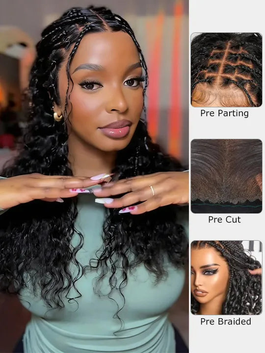 Knotless Boho Braided Water Wave Wig Glueless Pre-Cut Lace Human Hair Braided Wigs For Women