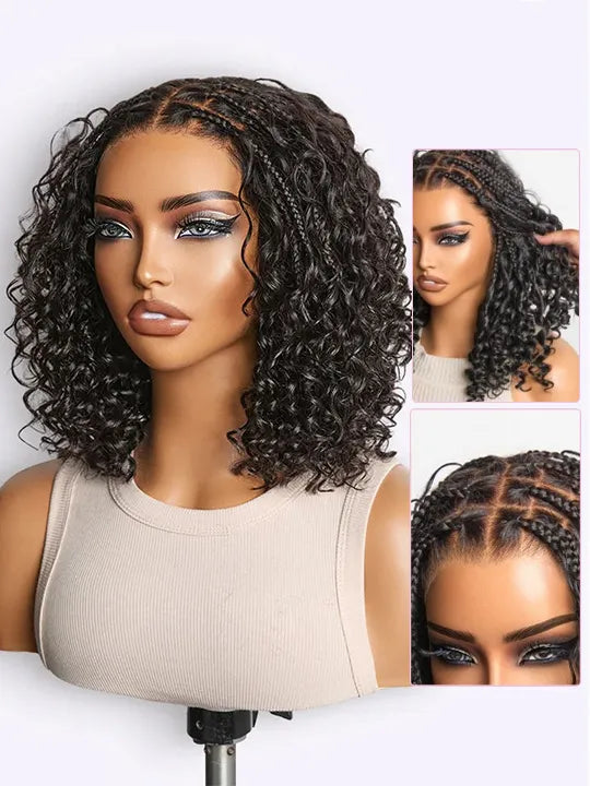 Knotless Boho Braided Water Wave Wig Glueless Pre-Cut Lace Human Hair Braided Wigs For Women