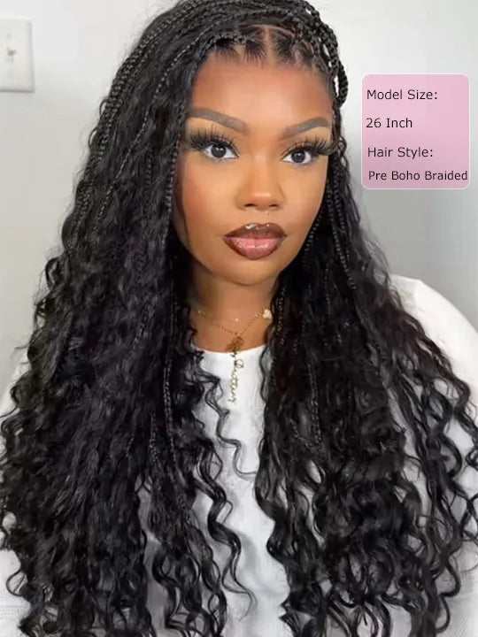 Knotless Boho Braided Water Wave Wig Glueless Pre-Cut Lace Human Hair Braided Wigs For Women