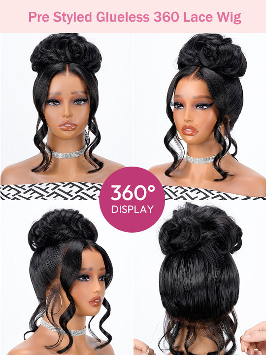 KissLove Pre Styled Flexible Fit Invisi-Drawstring 360 Lace Wig Body Wave High Bun Style Wig with Bangs