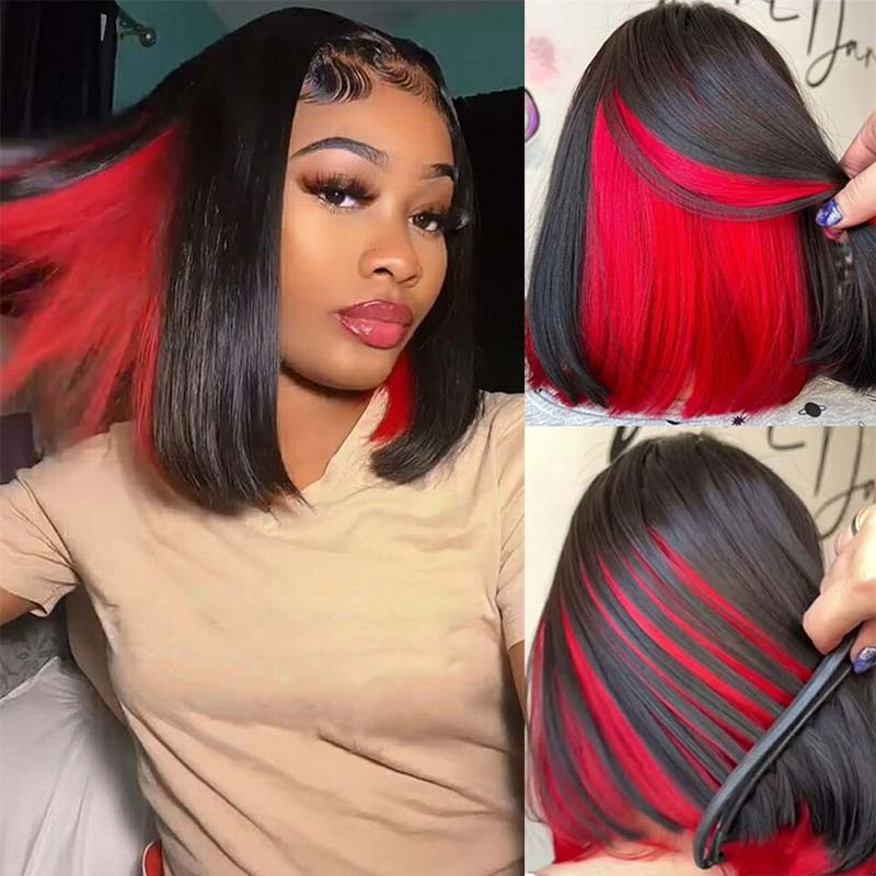 Peekboo Pink Highlight Wig Hidden Color Short Bob Silk 13x4 Transprant Lace Front Wig