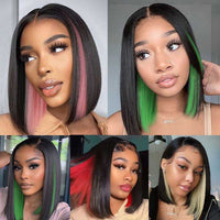 Peekboo Pink Highlight Wig Hidden Color Short Bob Silk 13x4 Transprant Lace Front Wig