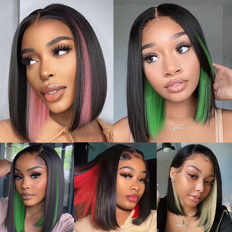 Peekboo Pink Highlight Wig Hidden Color Short Bob Silk 13x4 Transprant Lace Front Wig