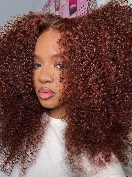 Kisslove #33 Reddish Brown Kinky Curly Hair Invisi Drawstring 360 Glueless Lace Wigs