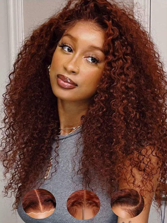 Kisslove #33 Reddish Brown Kinky Curly Hair Invisi Drawstring 360 Glueless Lace Wigs