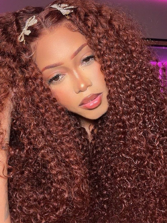 Kisslove #33 Reddish Brown Kinky Curly Hair Invisi Drawstring 360 Glueless Lace Wigs