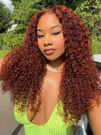 Kisslove #33 Reddish Brown Kinky Curly Hair Invisi Drawstring 360 Glueless Lace Wigs