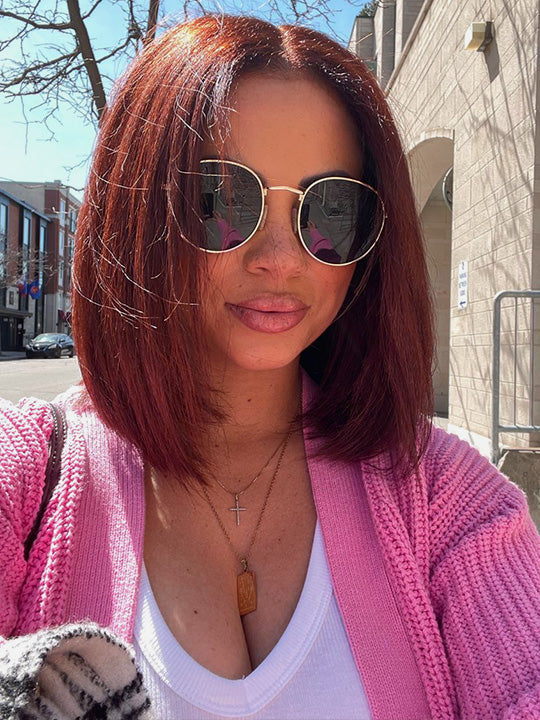 Reddish Brown Light Yaki Straight Short Bob Wig Silk Press Yaki Straight Pull Go Drawstring Wig