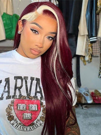 Red Hair With Blonde Skunk Stripe Wig Highlights Hair 3D Body Wave 13x4 Lace Wigs