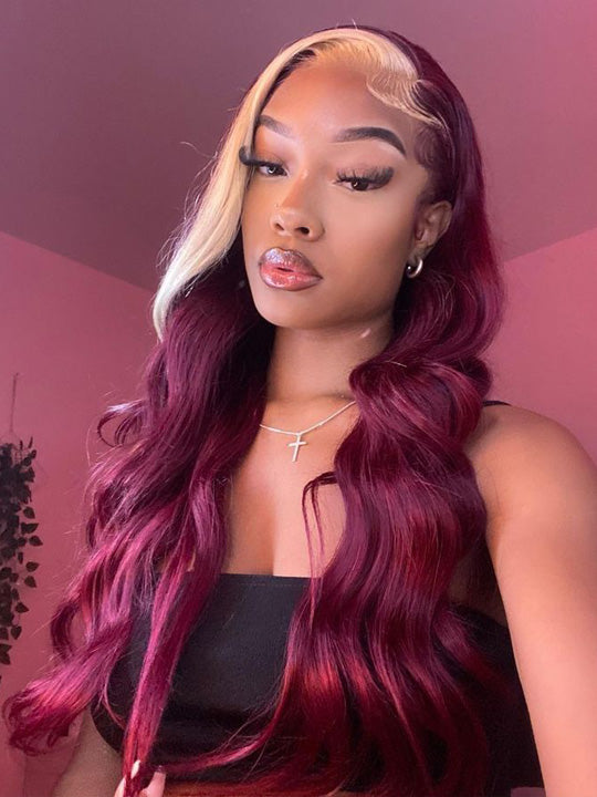 Red Hair With Blonde Skunk Stripe Wig Highlights Hair 3D Body Wave 13x4 Lace Wigs