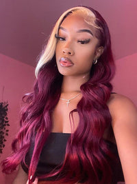 Red Hair With Blonde Skunk Stripe Wig Highlights Hair 3D Body Wave 13x4 Lace Wigs