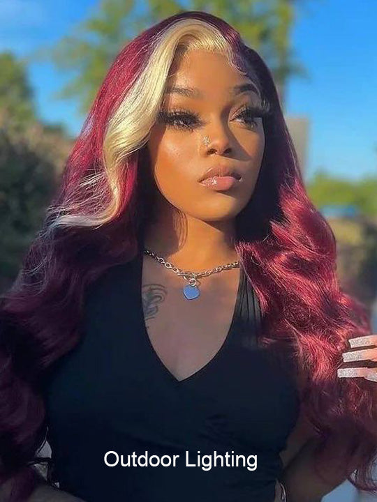 Red Hair With Blonde Skunk Stripe Wig Highlights Hair 3D Body Wave 13x4 Lace Wigs