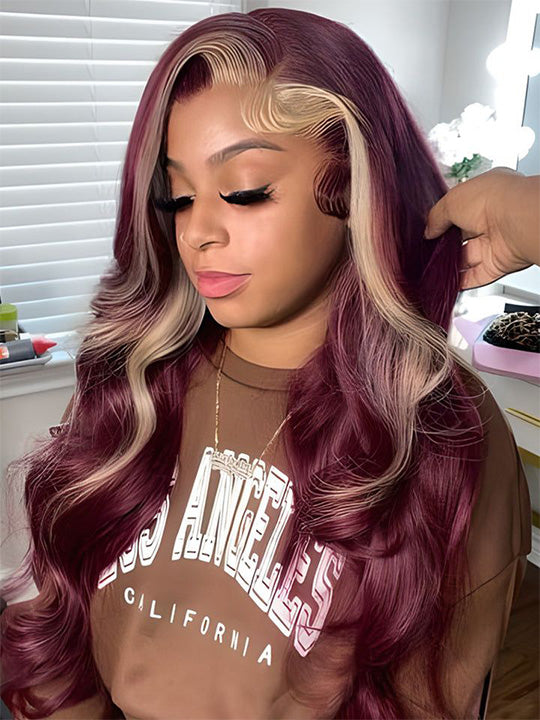 Red Hair With Blonde Skunk Stripe Wig Highlights Hair 3D Body Wave 13x4 Lace Wigs