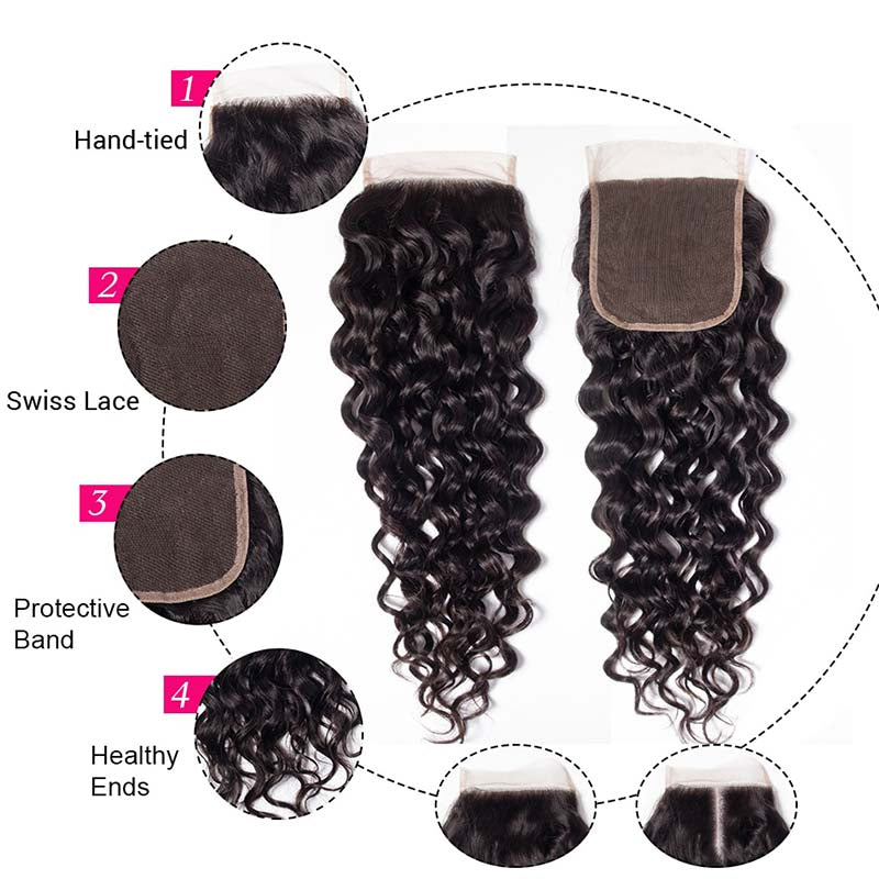 Water Wave 3 Bundles With 4*4 Lace Closure 10A Brazilian Human Hair Weave