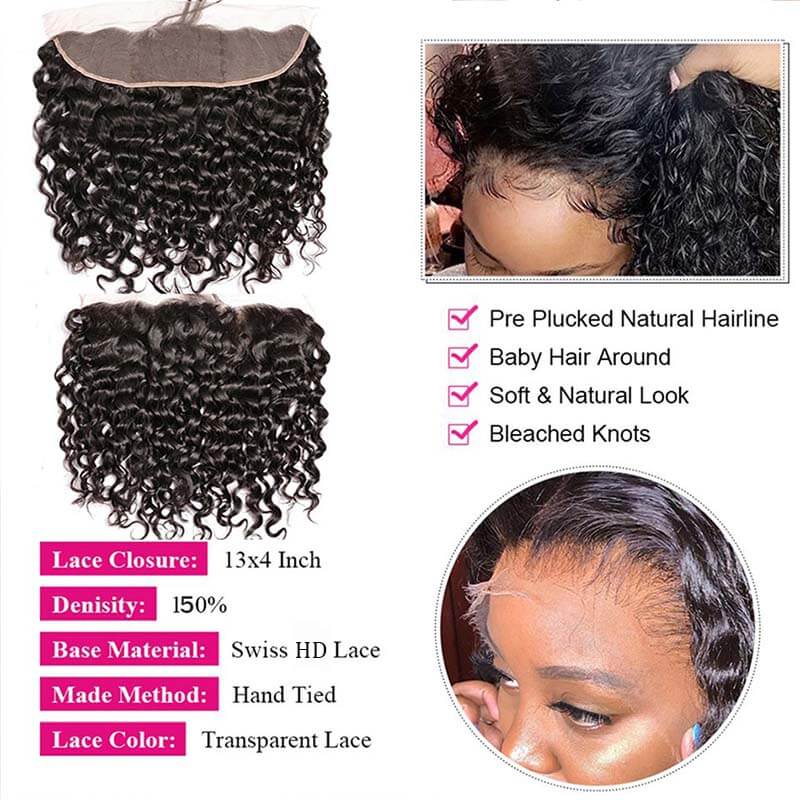 Water Wave 3 Bundles with 13*4 HD Lace Frontal 10A Brazilian Human Hair Weave