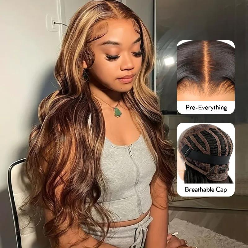 [Wear & Go] Breathable Air Wig Highlight 3D Body Wave 13x4 Lace Front Human Hair Wigs