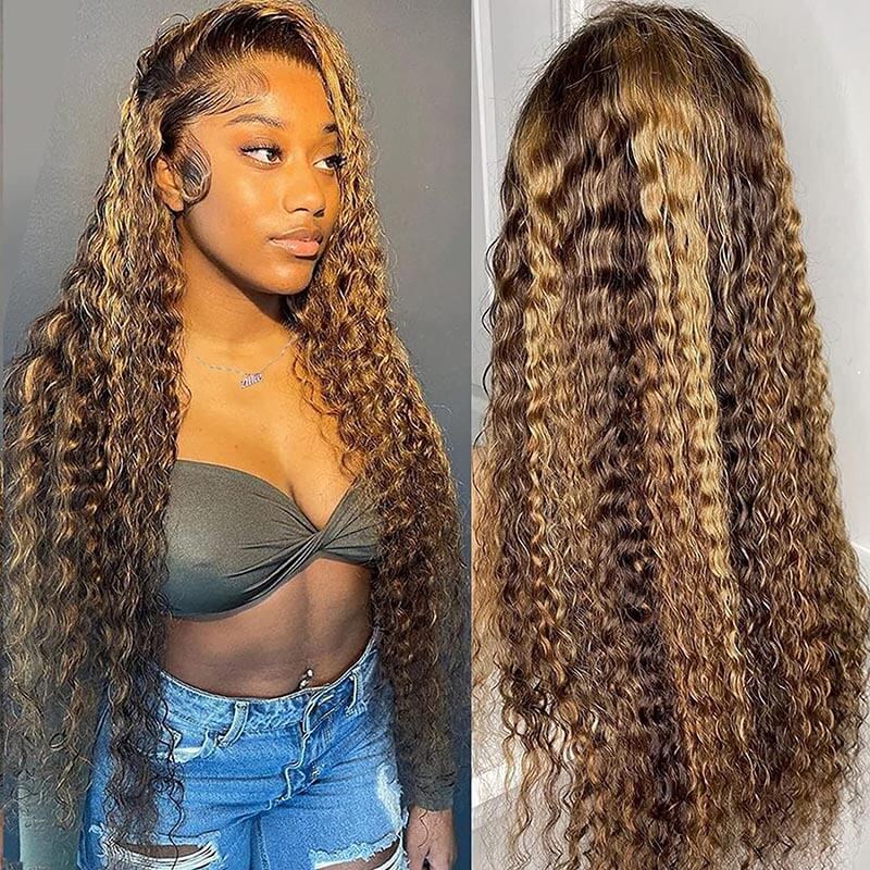 [Wear & Go] Air Wig Honey Blonde Highlight P4/27 Deep Curly Hair Glueless 13x4 Lace Frontal Wigs
