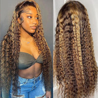 [Wear & Go] Air Wig Honey Blonde Highlight P4/27 Deep Curly Hair Glueless 13x4 Lace Frontal Wigs