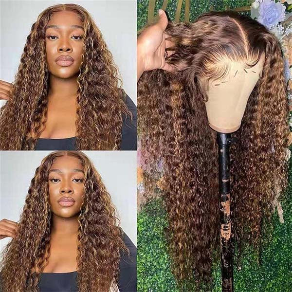 [Wear & Go] Air Wig Honey Blonde Highlight P4/27 Deep Curly Hair Glueless 13x4 Lace Frontal Wigs