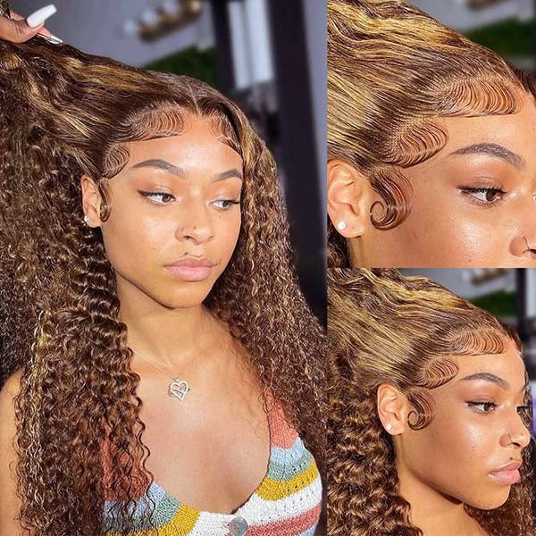 [Wear & Go] Air Wig Honey Blonde Highlight P4/27 Deep Curly Hair Glueless 13x4 Lace Frontal Wigs