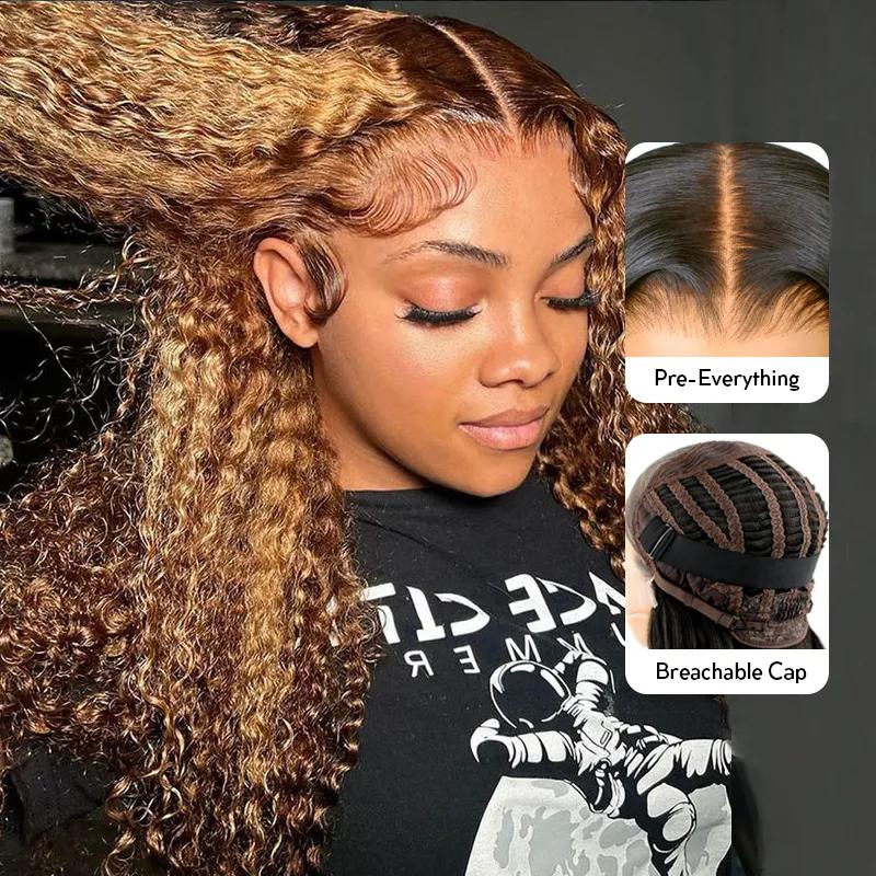 [Wear & Go] Air Wig Honey Blonde Highlight P4/27 Deep Curly Hair Glueless 13x4 Lace Frontal Wigs