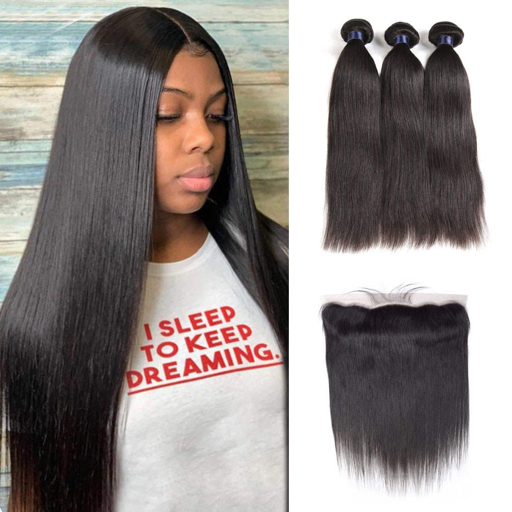 Brazilian Straight Hair 3 Bundles With 13*4 HD Lace Frontal 10A Virgin Human Hair Weave