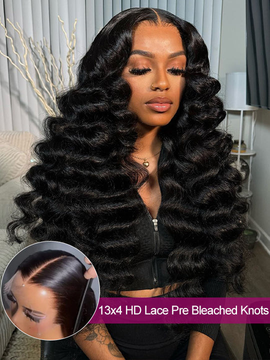 Bleached Knots Loose Deep Wave 13x4 HD Lace Frontal Wigs Crimped Human Hair