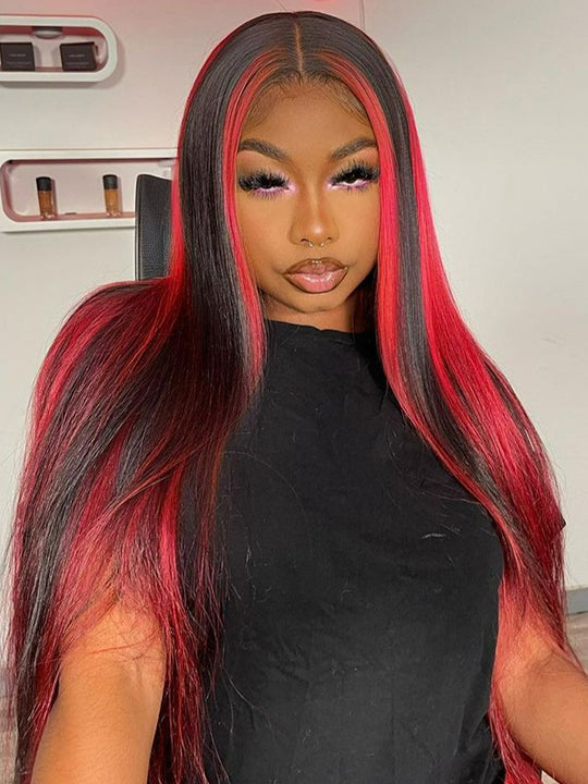 Full 13x6 Lace Frontal Wig Red Highlights Straight Virgin Human Hair Wigs