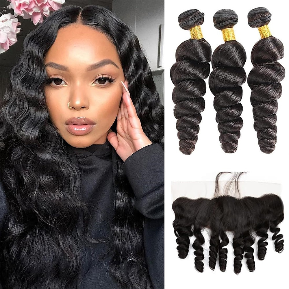 Loose Wave 3 Bundles With 13x4 HD Lace Frontal Closure 10A Brazilian Human Hair