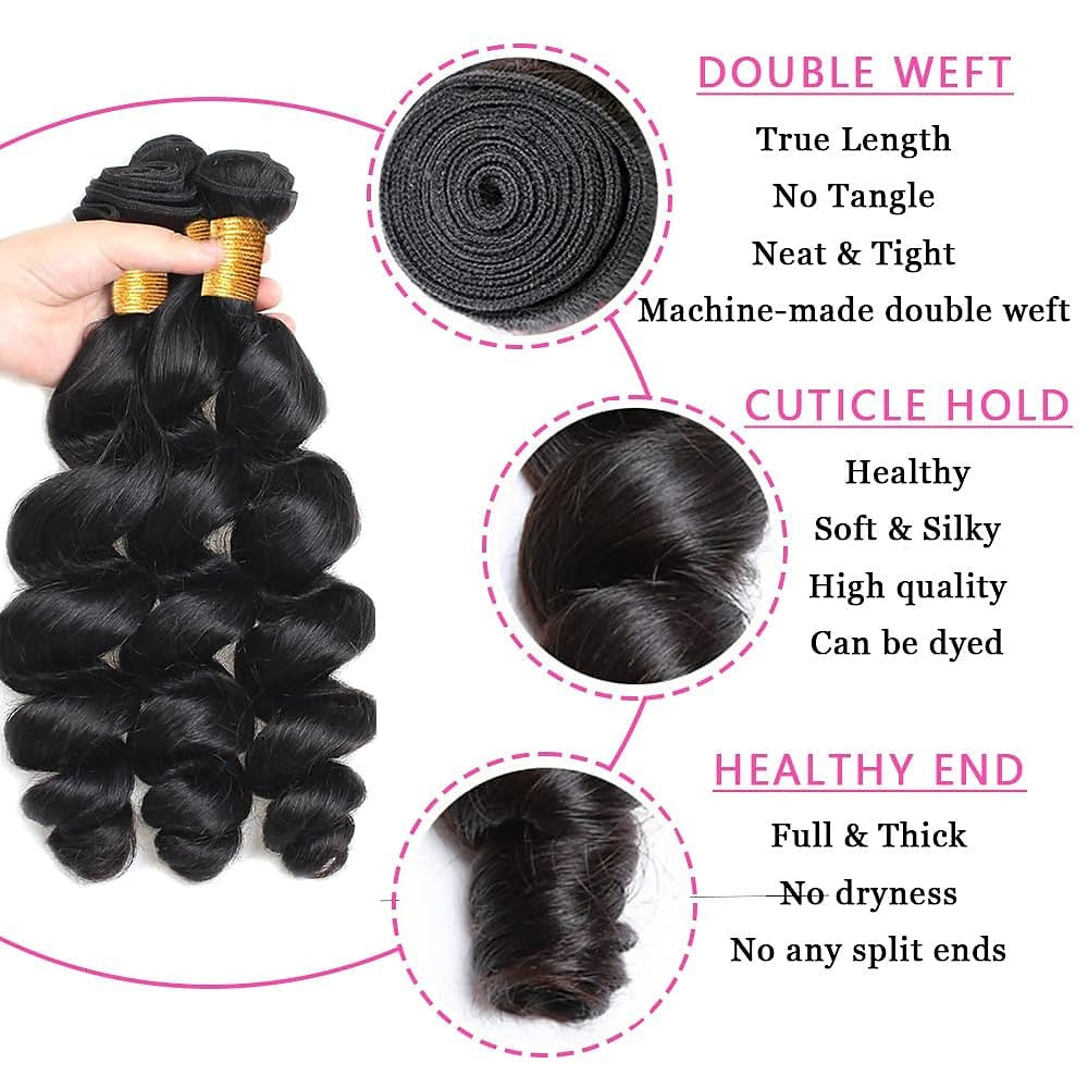 Loose Wave 3 Bundles With 4*4 Lace Closure 10A Brazilian Human Hair Weaves