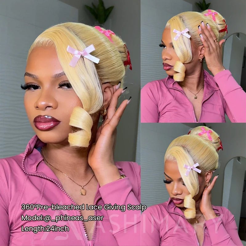 Ashimary Upgrade 360 Skin Lace Frontal with Invisi Strap Blonde 613 Layer Cut Body Wave Glueless Wig No Gel Needed Breathable Human Hair wig